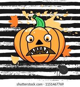 Halloween pumpkin with a scary face and autumn leaves on a striped background. Vector illustration.