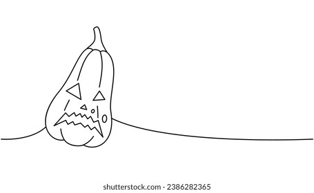 Halloween pumpkin with scary face, autumn vegetable one line continuous drawing. Halloween pumpkin face continuous one line illustration.