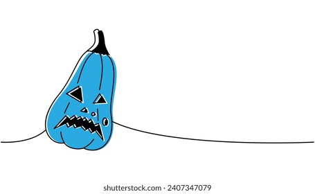 Halloween pumpkin with scary face, autumn vegetable one line colored continuous drawing. Halloween pumpkin face continuous one line illustration.