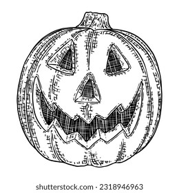 Halloween pumpkin with scary face. Celebrating Jack O Lantern pumpkin. Jack O Lantern face glows on Halloween night. Traditional Halloween symbol. Hand drawing sketch. Vector.