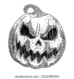 Halloween pumpkin with scary face. Celebrating Jack O Lantern pumpkin. Jack O Lantern face glows on Halloween night. Traditional Halloween symbol. Hand drawing sketch. Vector.