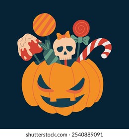 Halloween Kürbis mit gruseligen Gesicht gefüllt mit Bonbons, Lutscher und Süßigkeiten. Einzeln auf dunklem Hintergrund, Vektorgrafik