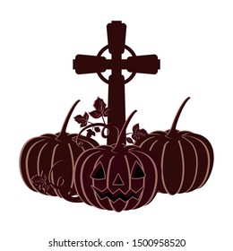 halloween pumpkin with scary face and graveyard tombstone