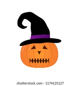 Halloween pumpkin with scary face, isolated on white background. Black witch hat on pumpkin. Vector Illustration.