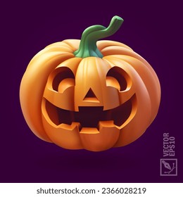 Halloween pumpkin with scary face on violet background,3d realistic