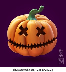 Halloween pumpkin with scary face on violet background,3d realistic