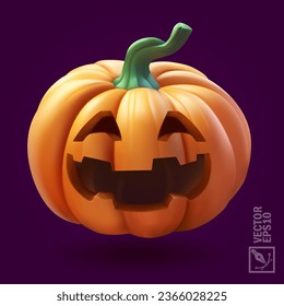 Halloween pumpkin with scary face on violet background,3d realistic