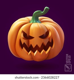 Halloween pumpkin with scary face on violet background,3d realistic