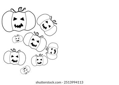 halloween pumpkin scary face on white background with copy space hand drawn creative pen lettering design for holiday greeting card and invitation, flyers, posters, banner halloween holiday