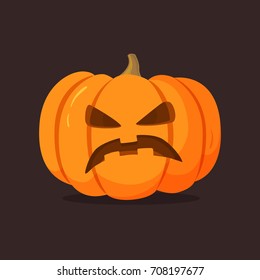 Halloween pumpkin with scary face on dark background. Vector cartoon Illustration.