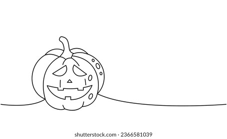 Halloween pumpkin with scary face one line continuous drawing. Halloween pumpkin face, autumn vegetable continuous one line illustration.