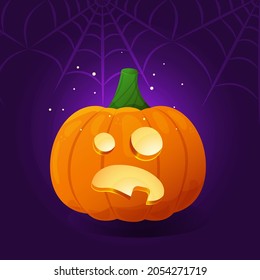 Halloween pumpkin with scary face. Orange pumpkin with scared facial expression on dark background with spiderweb. Cartoon carved jack o lantern for the holiday Halloween. Gourd glowing with light.