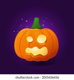 Halloween pumpkin with scary face. Orange pumpkin with scared facial expression on dark background. Cartoon carved jack o lantern for the holiday Halloween. Gourd glowing with light. Vector. 