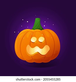 Halloween pumpkin with scary face. Orange pumpkin with scared facial expression on dark background. Cartoon carved jack o lantern for the holiday Halloween. Gourd glowing with light. Vector. 