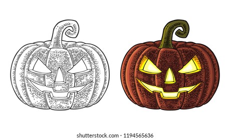 Halloween pumpkin with scary face. Vector color vintage engraving illustration. Isolated on white background