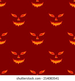 Halloween pumpkin scary face vector pattern on red