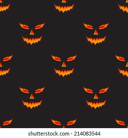 Halloween pumpkin scary face vector pattern on black