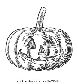 Halloween pumpkin with scary face. Vector black vintage engraving illustration. Isolated on white background