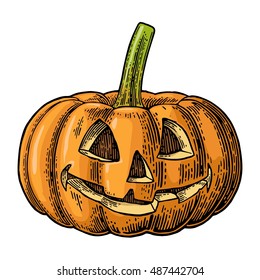 Halloween pumpkin with scary face. Vector color vintage engraving illustration. Isolated on white background