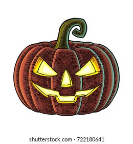 Halloween pumpkin with scary face. Vector color vintage engraving illustration. Isolated on white background
