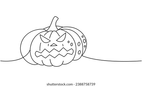 Halloween pumpkin with scary face, vegetable one line continuous drawing. Halloween pumpkin scary face continuous one line illustration.