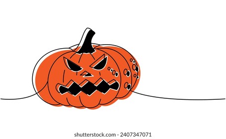 Halloween pumpkin with scary face, vegetable one line colored continuous drawing. Halloween pumpkin scary face continuous one line illustration.