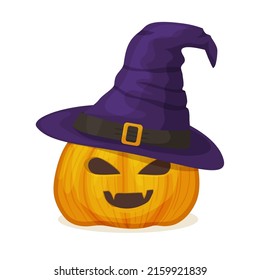 Halloween pumpkin with scary face and witch hat. Cute Jack-o-lantern isolated on white background. Vector cartoon illustration of orange pumpkin with carved eyes and mouth and purple hat