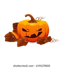 Halloween pumpkin with scary grinning face Isolated on white background. Vector cartoon Illustration. Jack O'Lantern character.