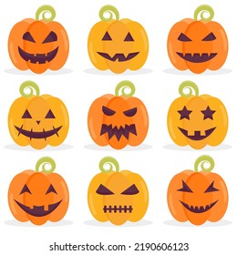 Halloween pumpkin with scary smiling face icon set on white background. Cute cartoon autumn symbol decoration. Vector illustration.