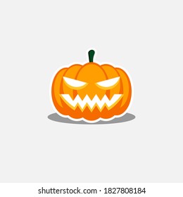 Halloween Pumpkin, Scary Or Spooky Creepy Pumpkins, Halloween Holiday. White Stroke And Shadow Design. Isolated Icon. Flat Style Vector Illustration.
