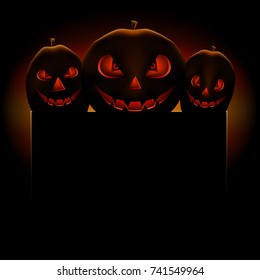 Halloween pumpkin scary terrible empty template for text message on dark background.