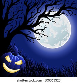 Halloween pumpkin and scary tree on the blue moon background. Vector illustration 