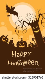 Halloween Pumpkin Scary Tree Smile Evil Face Party Invitation Card Flat Vector Illustration