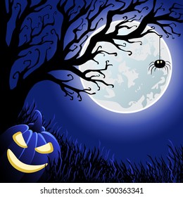 Halloween pumpkin, scary tree and spider on the blue moon background. Vector illustration 
