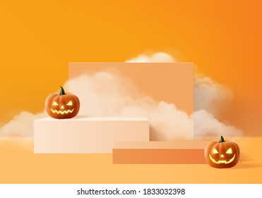 Halloween pumpkin scene 3d with smoke and podium platform. Halloween background vector 3d rendering with pumpkin podium. stand to show products. Stage Showcase on pedestal modern orange pumpkin pastel