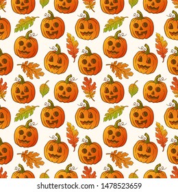 Halloween pumpkin seamless background with autumn leaves. Halloween pumpkin pattern for textile, wrapping paper, fabric and etc.