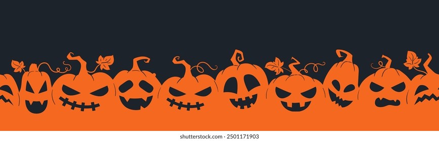 Halloween pumpkin seamless banner. Spooky squash lanterns silhouettes, scary jack-o-lanterns halloween flat vector background illustration. Halloween holiday party endless poster