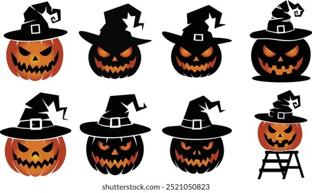 Halloween pumpkin seamless banner. Spooky squash lanterns silhouettes, Halloween flat vector