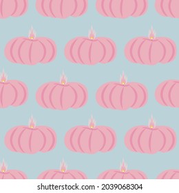 Halloween pumpkin, seamless minimal background.
  Autumn pattern in pastel pink and blue colors.