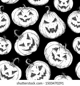 Halloween pumpkin seamless pattern. Autumn holidays. Halloween design template. Sketch vector illustration