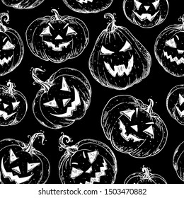 Halloween pumpkin seamless pattern. Autumn holidays. Halloween design template. Sketch vector illustration