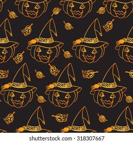 Halloween pumpkin seamless pattern background. Hand drawn vector illustrations.