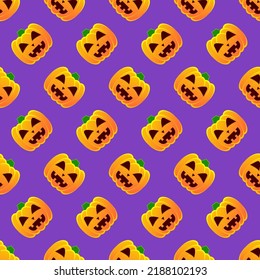 Halloween pumpkin seamless pattern. Colorful halloween pumpkin lanterns on purple background. Halloween background with funny face pumpkin. Design for print wrapping paper, fabric. Vector illustration