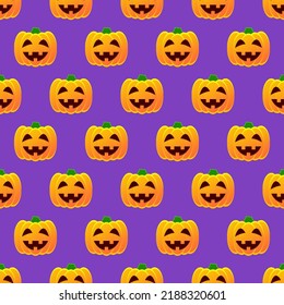 Halloween pumpkin seamless pattern. Colorful halloween pumpkin lanterns on purple background. Halloween background with funny face pumpkin. Design for print wrapping paper, fabric. Vector illustration