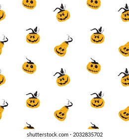 Patrón de calabaza sin fisuras de Halloween. Calabazas de dibujos animados, diseño de fondo de vacaciones, ilustración vectorial.