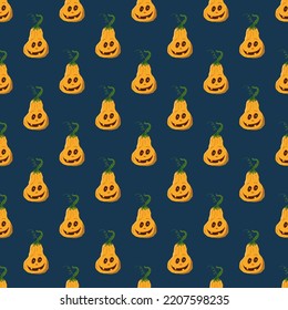 Halloween pumpkin seamless pattern. Cute cartoon pumpkins, holiday background design, vector illustration.