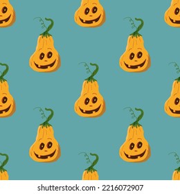 Halloween pumpkin seamless pattern. Cute cartoon pumpkins, holiday background design, vector illustration.