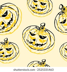 Halloween pumpkin seamless pattern for decoration. Light yellow background. Hand draw illustration.