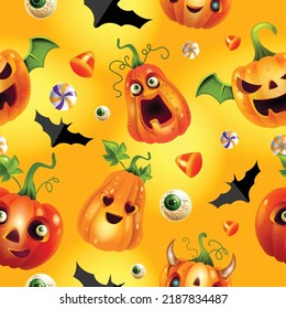 Halloween pumpkin seamless pattern, decorative autumn magic texture, holiday crazy face spooky print. Funny character expression, cartoon cute face repeat background. Halloween pumpkin design, sweets
