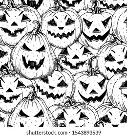 Halloween pumpkin seamless pattern, design template. Hand drawn invitation. Pumpkins illustration. Vector illustration with Halloween symbols. Autumn holidays.